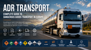 ADR-transportbil som frakter farlig gods på en europeisk motorvei med oransje fareplater og sikkerhetsmerking