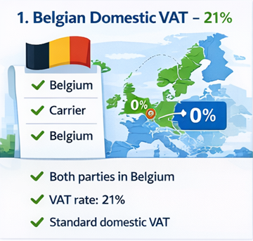 Kart over Belgia med transportruter som viser at 21 prosent innenlands mva anvendes på ExusTrans-fakturaer