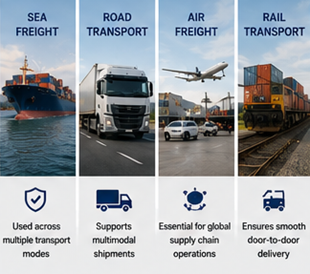 Sjø-, vei-, luft- og jernbanetransport som bruker konnossementer som fraktdokumenter