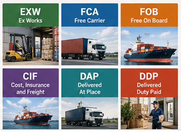 Oversikt over vanlige Incoterms inkludert EXW, FOB, CIF, DDP og DAP i global logistikk