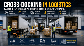 Cross-docking-lager med lastebiler som laster og losser varer i et moderne europeisk logistikksenter