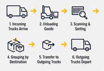 Cross-docking-arbeidsflyt med innkommende og utgående logistikklastebiler