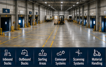 Cross-docking-terminal med lasteramper, lastebiler og sorteringsoperasjoner