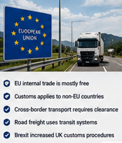 Europeiske lastebiler som krysser grenser og gjennomfører tollprosedyrer i logistikkoperasjoner
