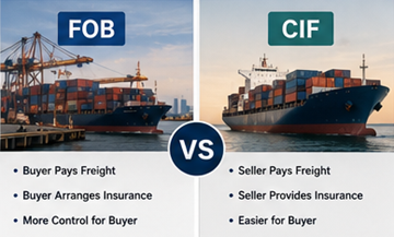 Visuell sammenligning av FOB- og CIF-ansvar i internasjonal logistikk