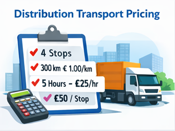 Prising av distribusjonstransport med flere stopp, avstand, timer og beregning av sats per stopp på en notisblokk