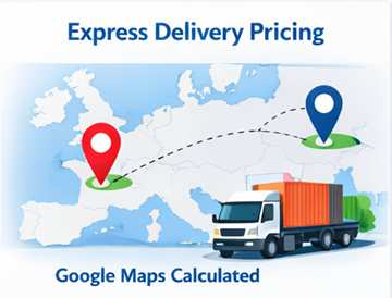 Ekspressleveringsrute på Europakart med lastebil og transportpris beregnet med Google Maps