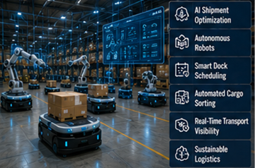 Fremtidig automatisert cross-docking-anlegg som bruker robotikk, AI og smart logistikkteknologi