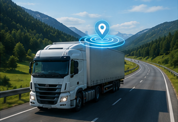 Lastebil med GPS-sporingssystem som kjører på europeisk motorvei under logistikkoperasjon