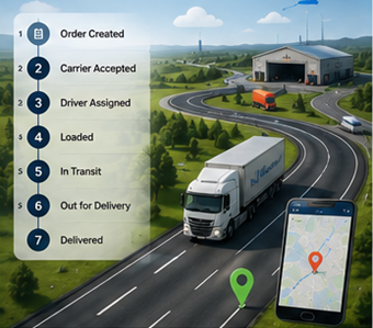 Digital logistikkprosess som viser forsendelsessporing, GPS-ruter og oppdateringer av transportstatus