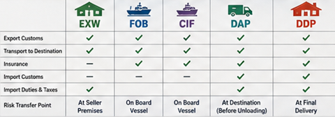 Sammenligning av EXW, FOB, CIF, DAP og DDP – ansvarsfordeling i internasjonal transport
