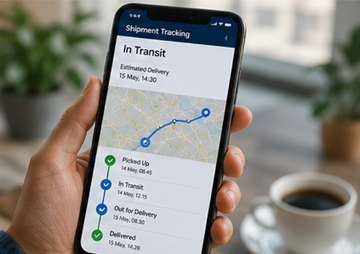 Kunde som bruker mobilapp for forsendelsessporing med leveringsoppdateringer og varsler i sanntid