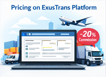 ExusTrans prisingsdashboard som viser alternativer for ekspress, fastpris og distribusjon med 20 prosent provisjonssystem