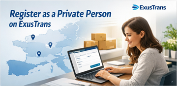 Registreringsskjema for privatperson på ExusTrans med personopplysninger og aktivering via e-post