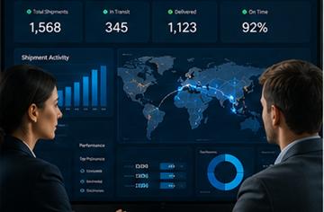 Supply chain-ledere som overvåker transportsporingsanalyse og logistikkdashbord
